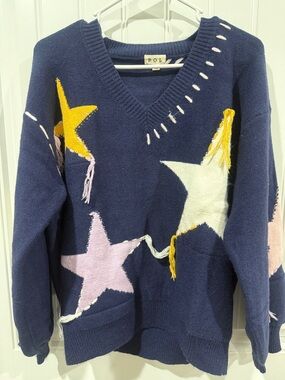 POL Navy V-Neck Star Appliqué Sweater with Yellow, Pink, and Cream Stars